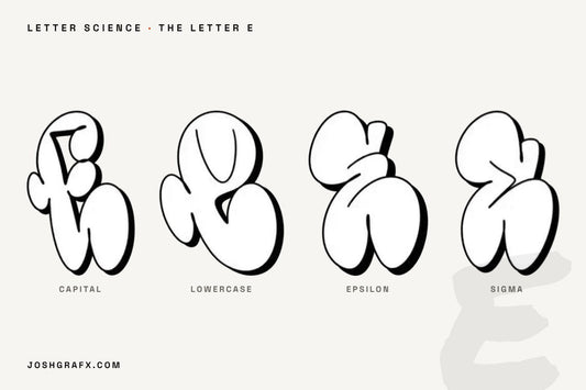 The graffiti letter E drawn as throw-up characters by JOSHGRAFX